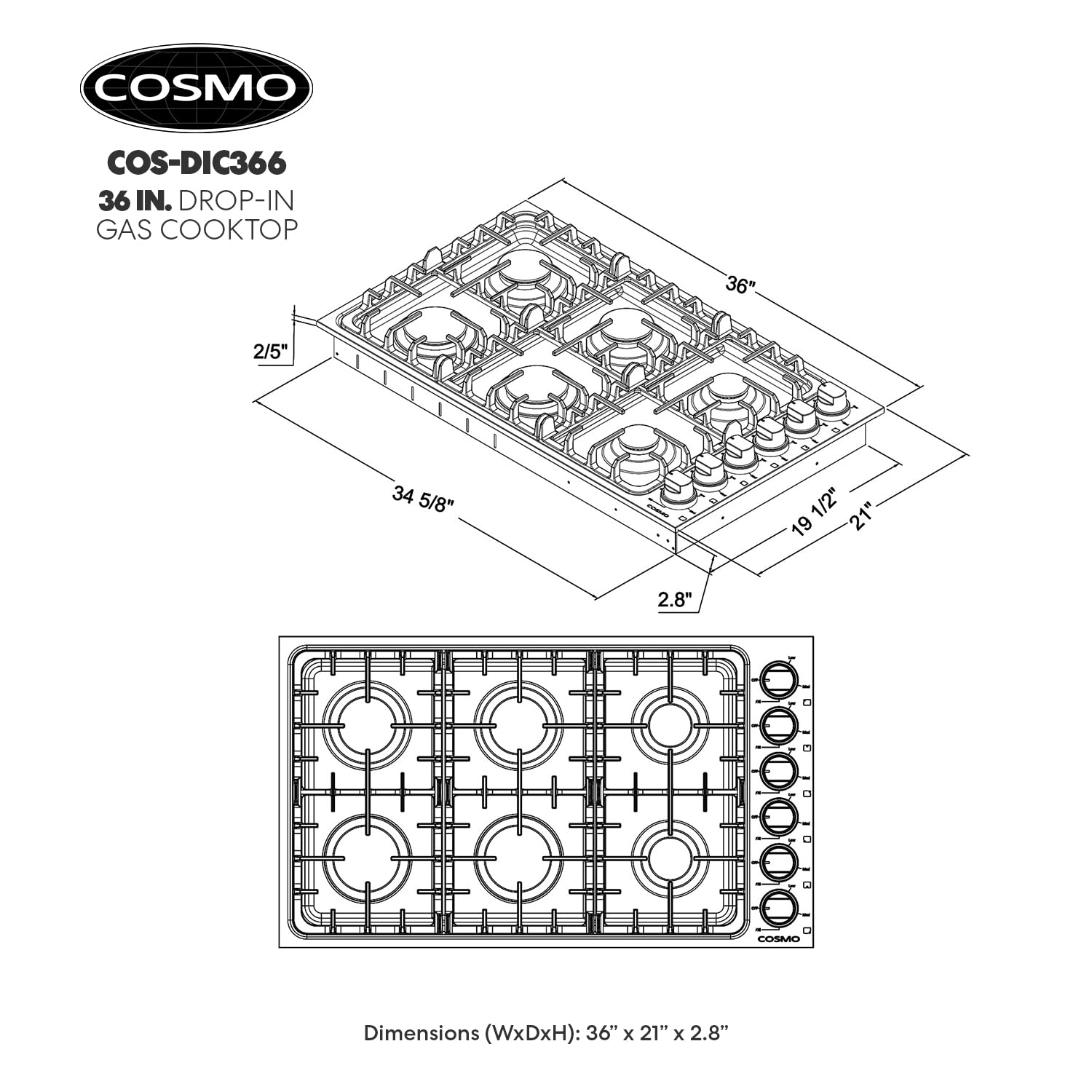 COS-DIC366 Drop-In Gas Cooktop with 6 Italian Made Sealed Burners, Cast Iron Grates, Metal Knobs, Liquid Propane Convertible, 36 inch, Stainless Steel