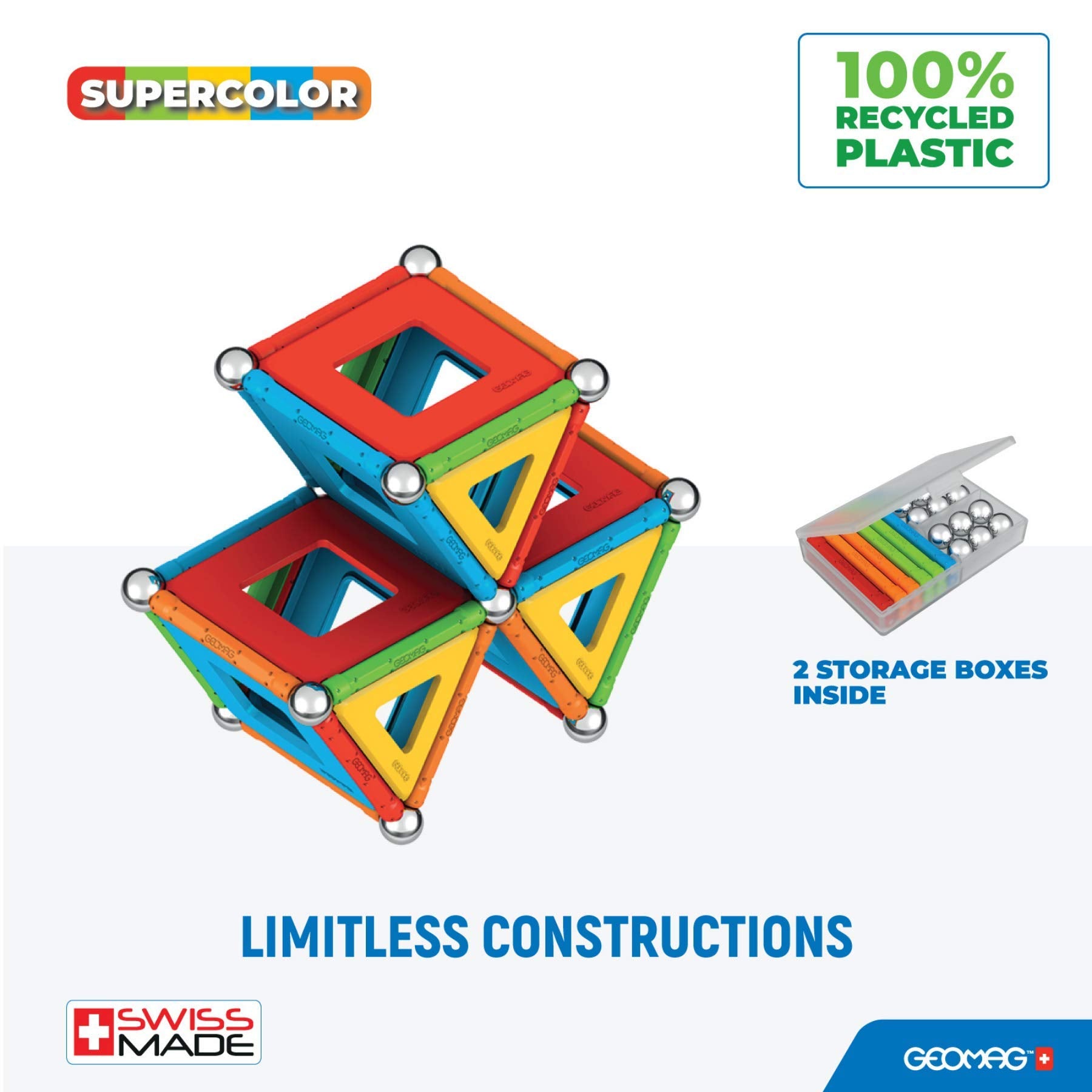 Magnetic Toys Supecolor Tiles 78-Piece Building Set for Kids Ages 5-99 | Swiss-Made STEM & STEAM Authenticated Educational Toy Made from 100% Recycled Plastic | Creative Learning Play