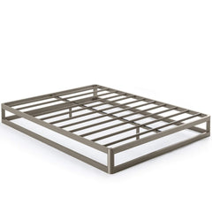 A modern metal bed frame with a robust structure and metal slats, designed for strength and stability.