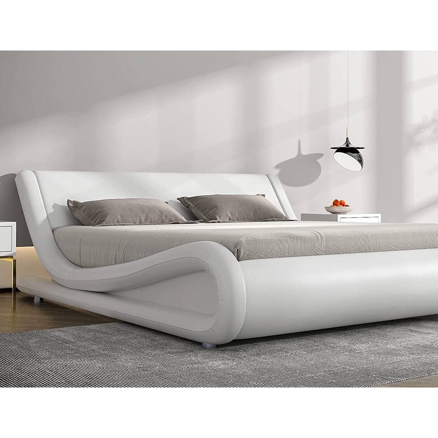 Queen White Faux Leather Platform Bed w/ Headboard