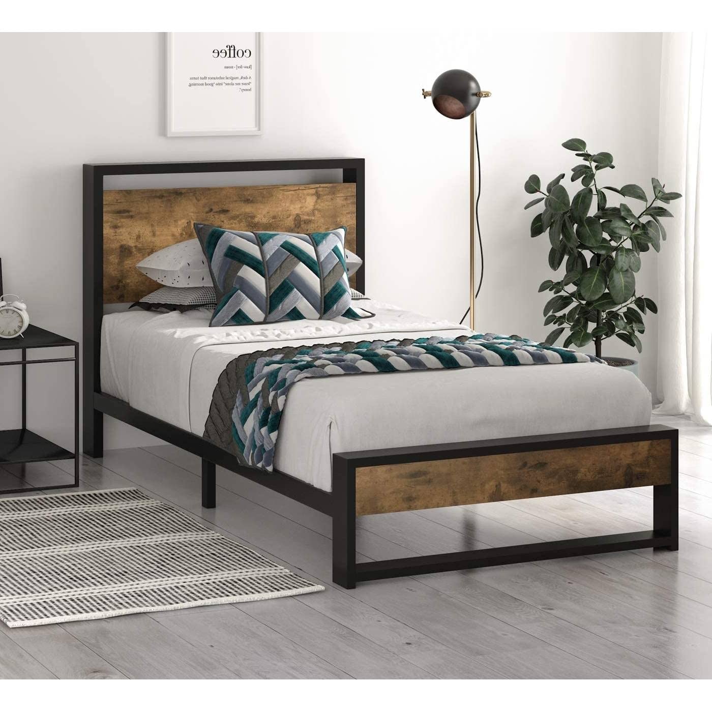 Twin Metal Wood Platform Bed Frame w/ Headboard