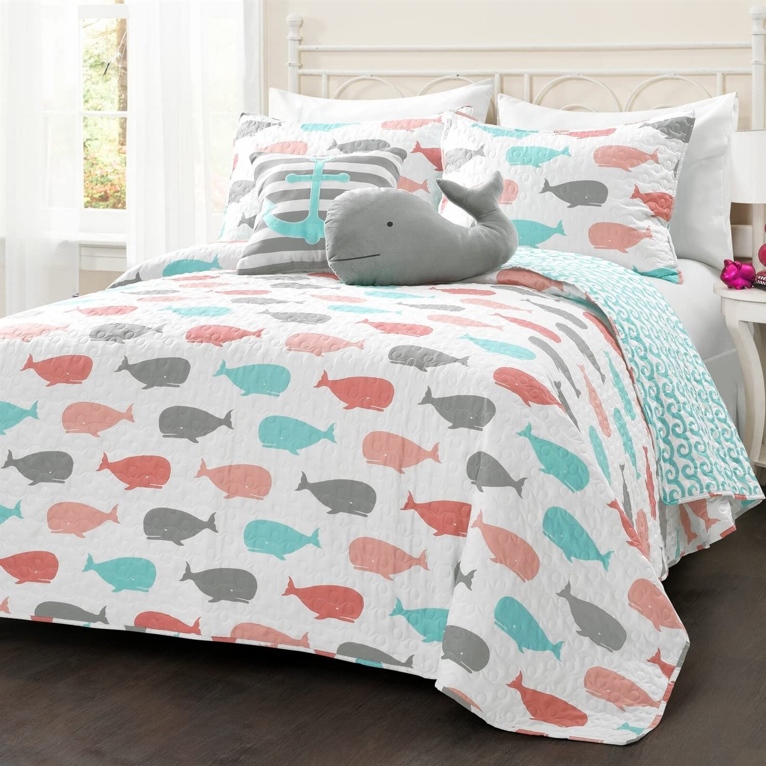 Full/Queen 5-Pc Teal Pink Aqua Waves Whale Quilt Set