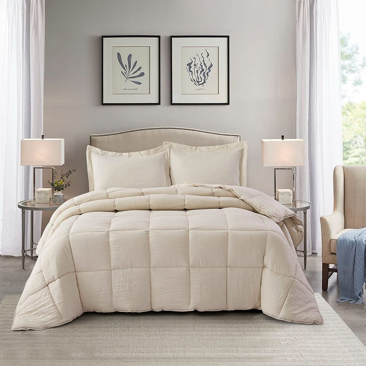 Soft, lightweight down comforter draped elegantly, showcasing its plush texture and inviting warmth.