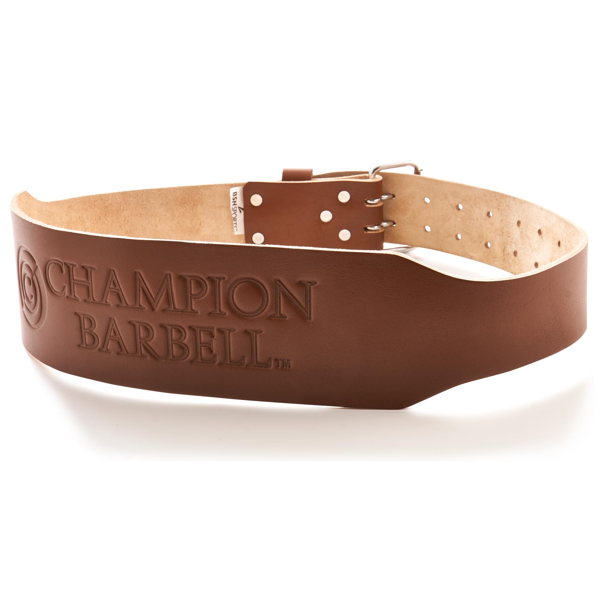 Brown Champion barbell belt designed for weightlifting, featuring a sturdy buckle and durable material for support.