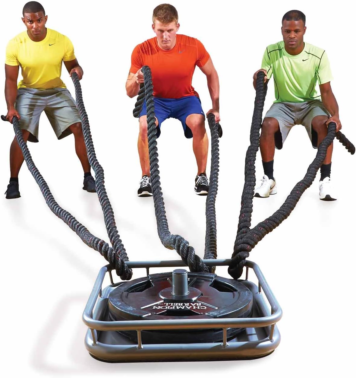Three men perform pull-ups using a rope, showcasing strength and teamwork in a fitness setting.