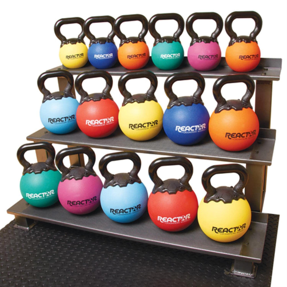 A rack displaying multiple kettlebells of various weights arranged neatly for easy access.
