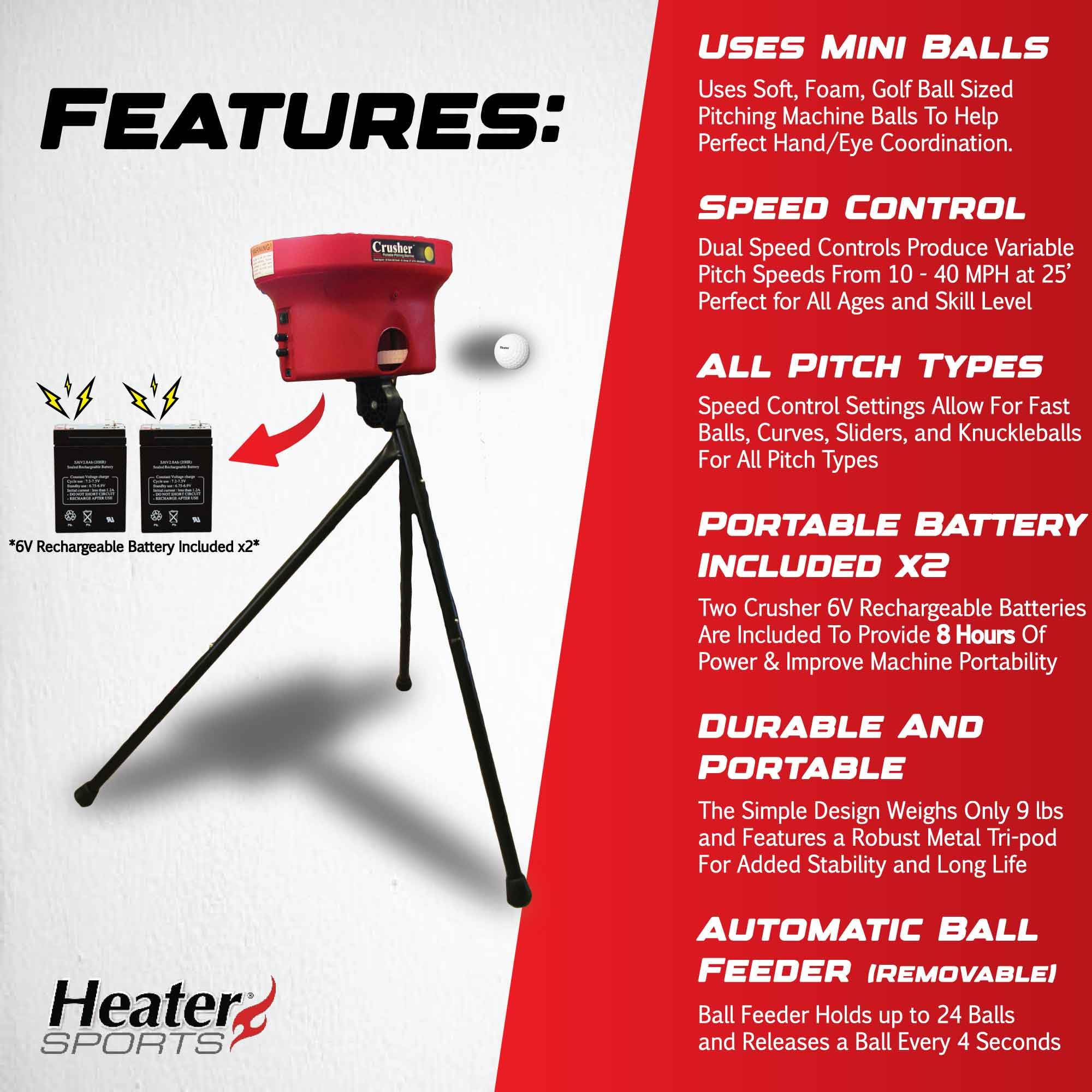 Heater Crusher Pitching Machine W/ 8-Hour Rechargeable Battery ?Accurate & Portable, Delivers Fastballs & Curveballs | Adjustable, High Performance, Portable, Ideal for Baseball & Softball Training