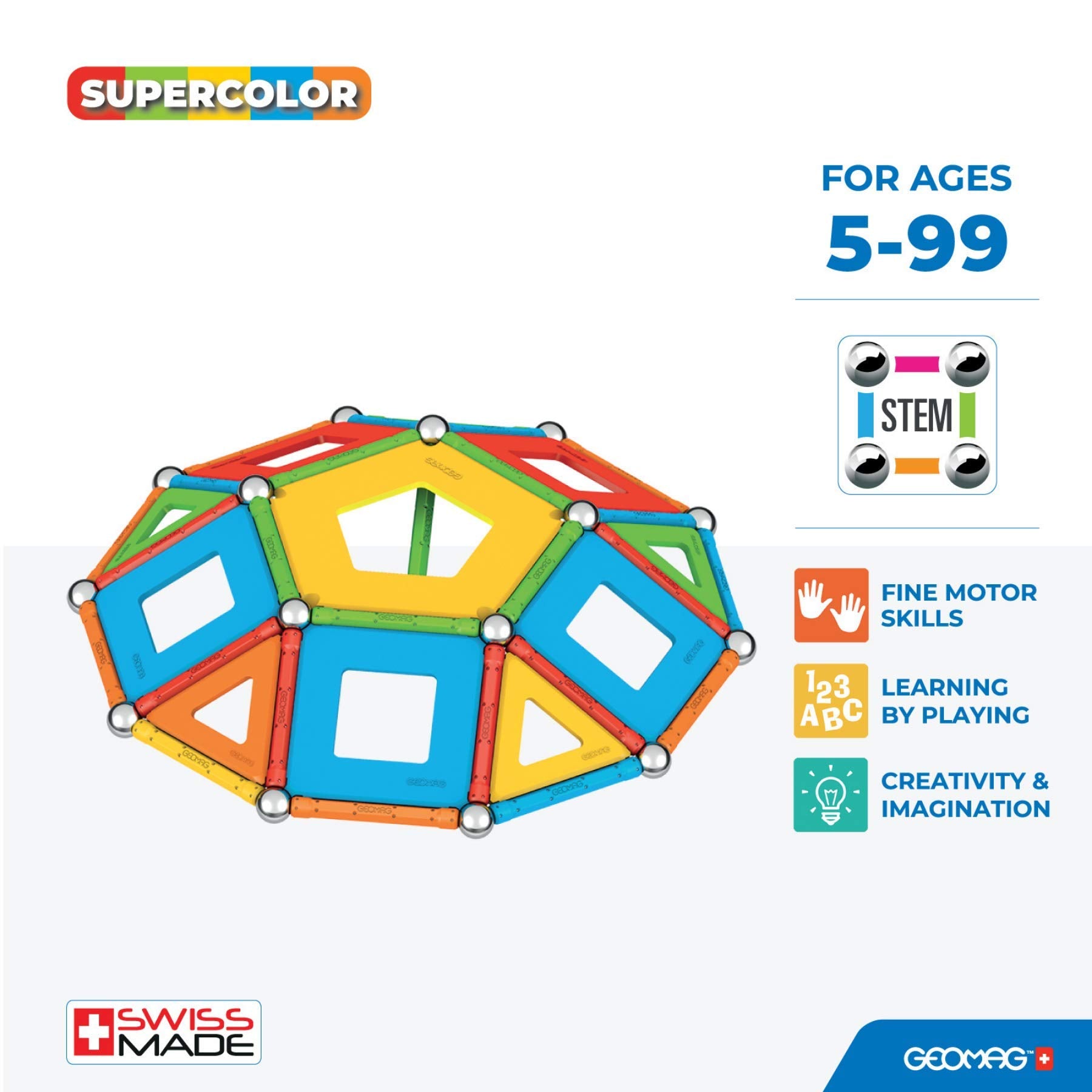 Magnetic Toys Supecolor Tiles 78-Piece Building Set for Kids Ages 5-99 | Swiss-Made STEM & STEAM Authenticated Educational Toy Made from 100% Recycled Plastic | Creative Learning Play