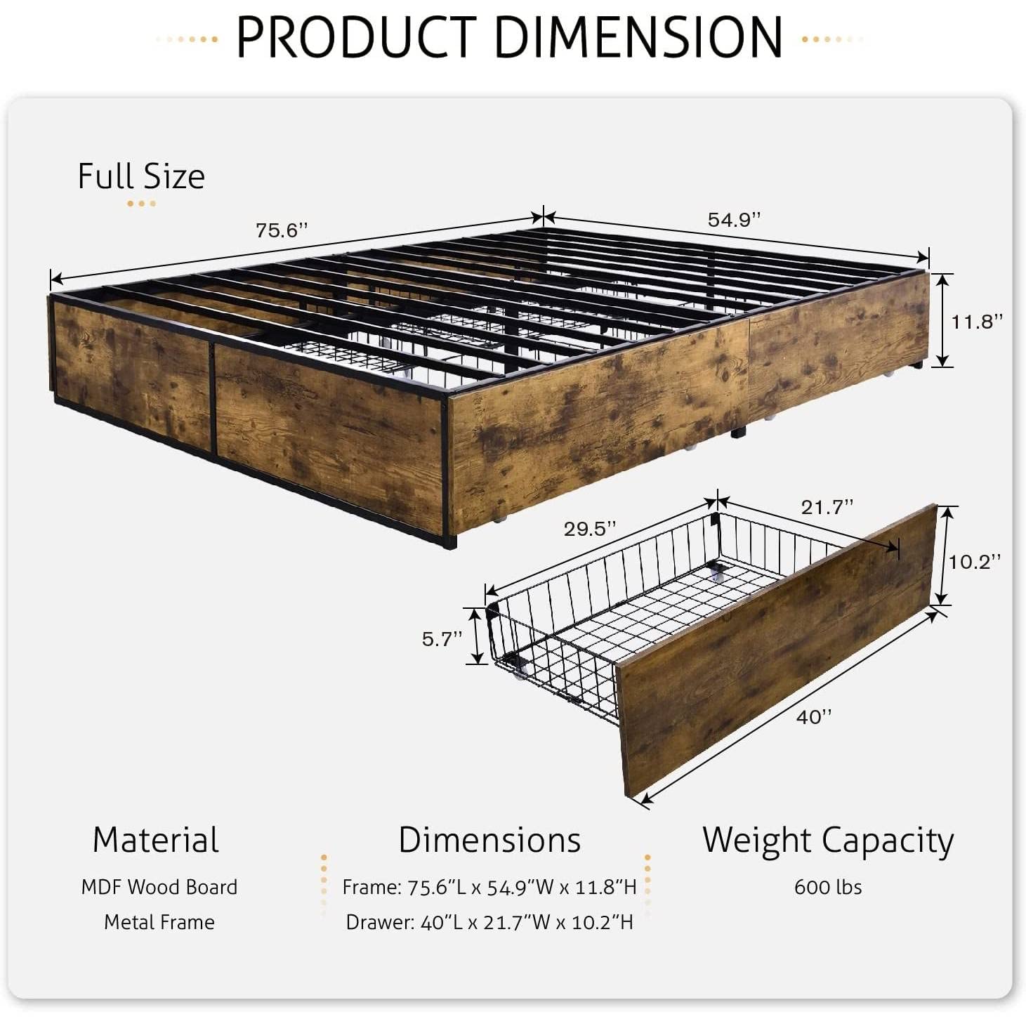 Full Metal Wood Platform Bed w/ 4 Drawers 600 lbs Cap