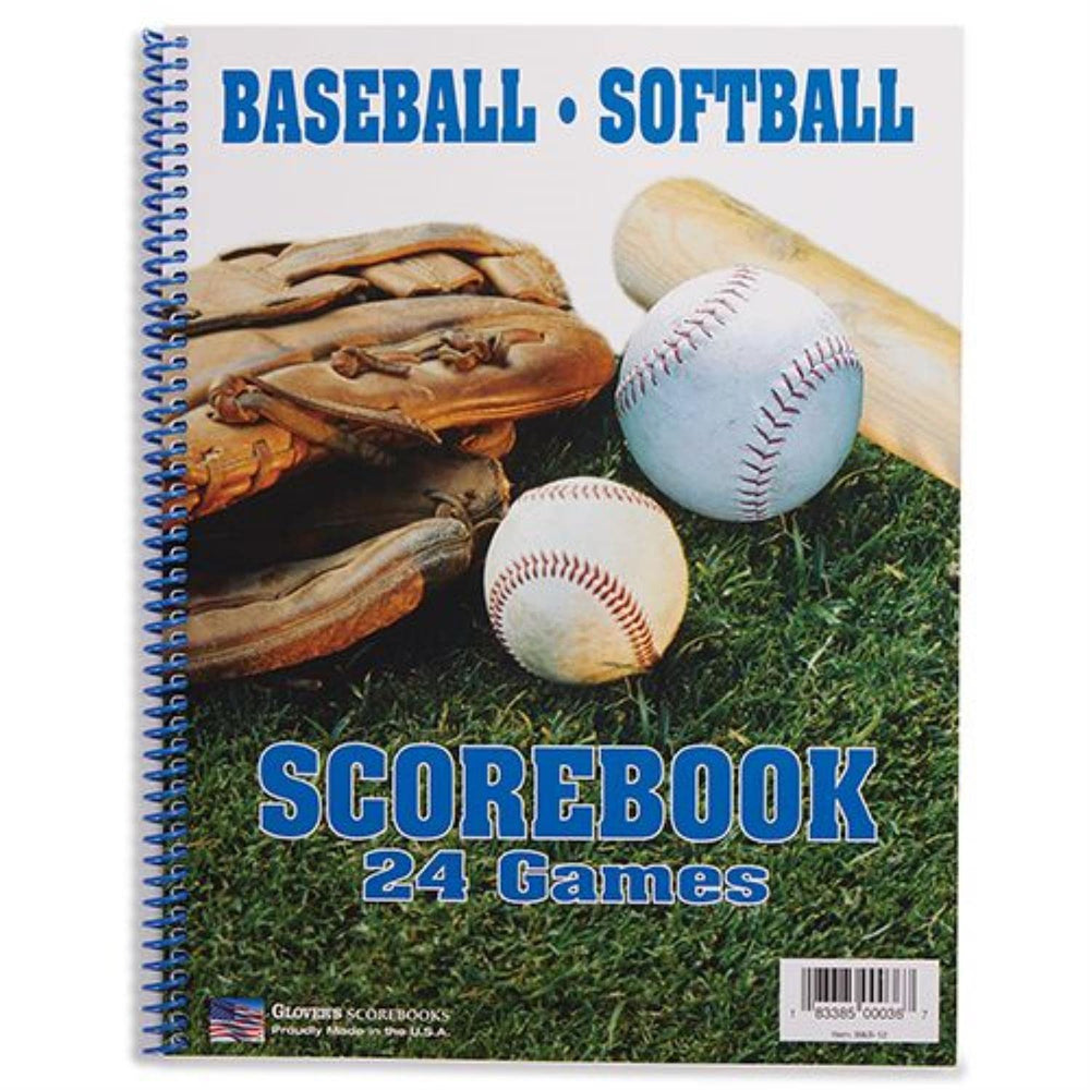 Scorebook for tracking scores and stats for 24 baseball or softball games, featuring organized pages for easy use.