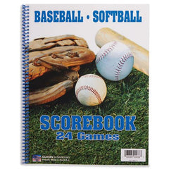 Scorebook for tracking scores and stats for 24 baseball or softball games, featuring organized pages for easy use.