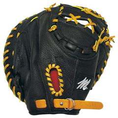 A baseball mitt made of black leather with bright yellow stitching details.