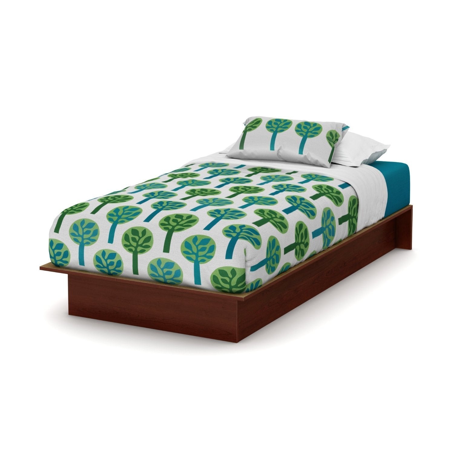 A bed adorned with a vibrant green and blue tree pattern, adding a fresh, natural touch to the room.
