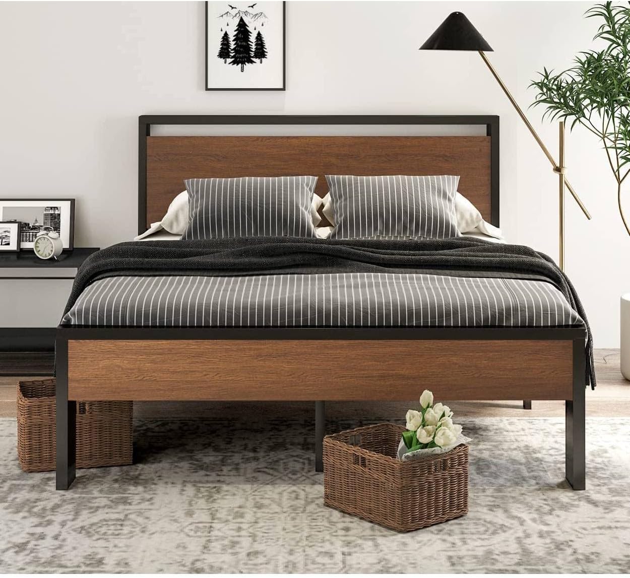 Queen Metal Platform Bed w/ Walnut Wood Panels