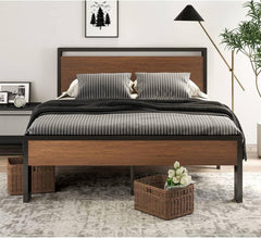Queen Metal Platform Bed w/ Walnut Wood Panels