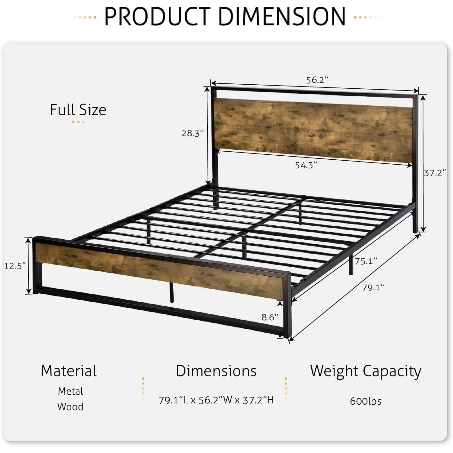 Full Metal Wood Platform Bed w/ Industrial Headboard