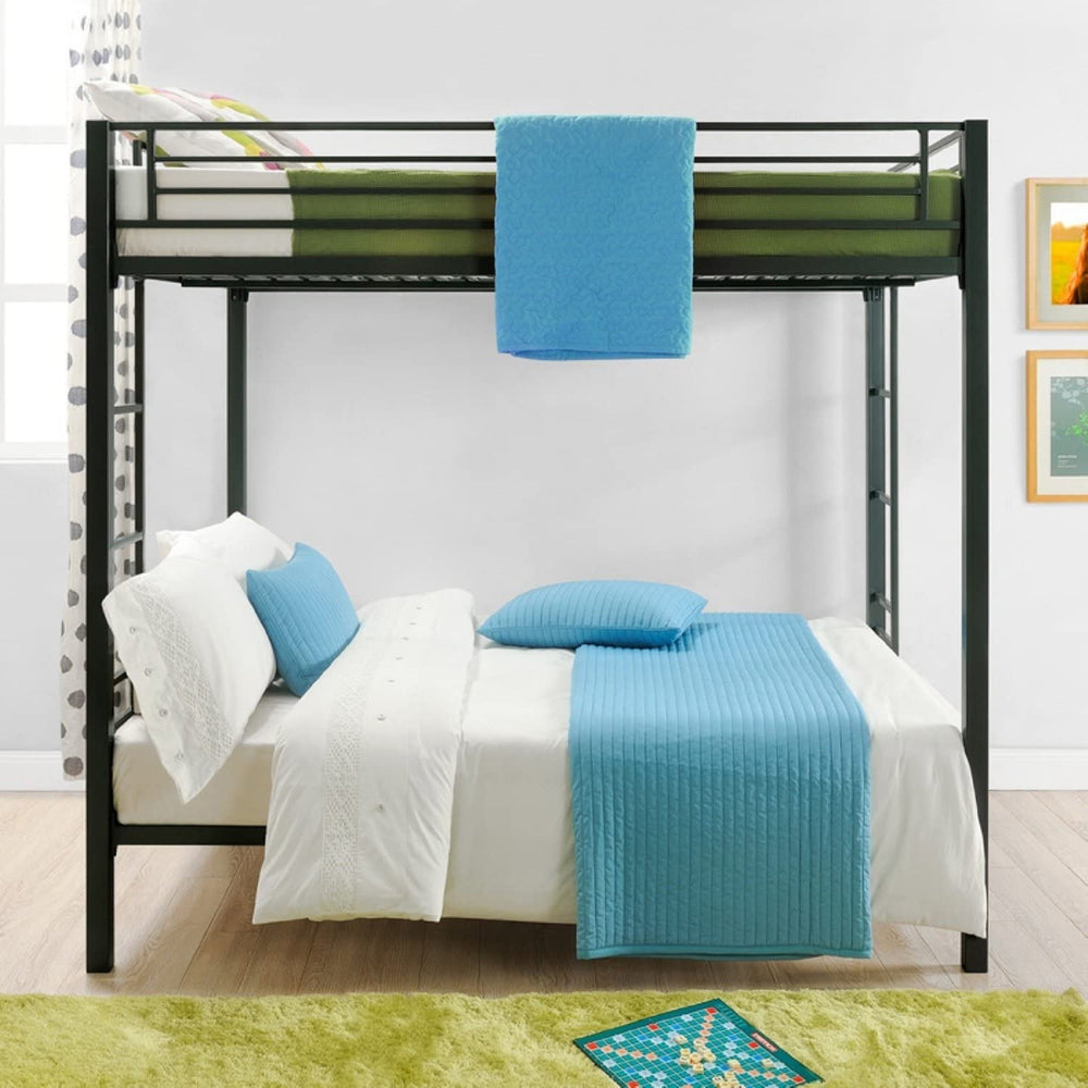 A black metal bunk bed adorned with blue and white sheets, showcasing a modern and stylish design for a bedroom.