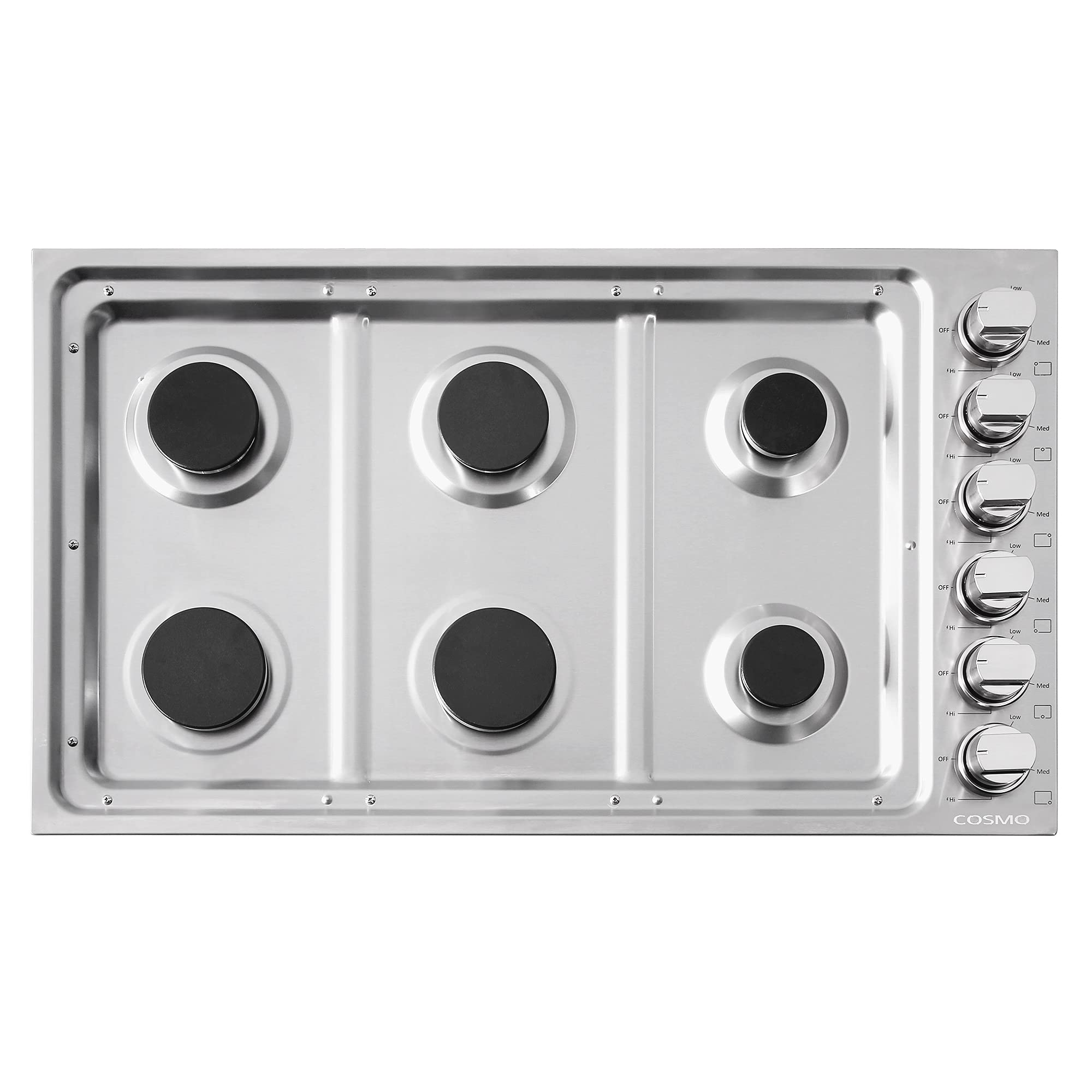 COS-DIC366 Drop-In Gas Cooktop with 6 Italian Made Sealed Burners, Cast Iron Grates, Metal Knobs, Liquid Propane Convertible, 36 inch, Stainless Steel