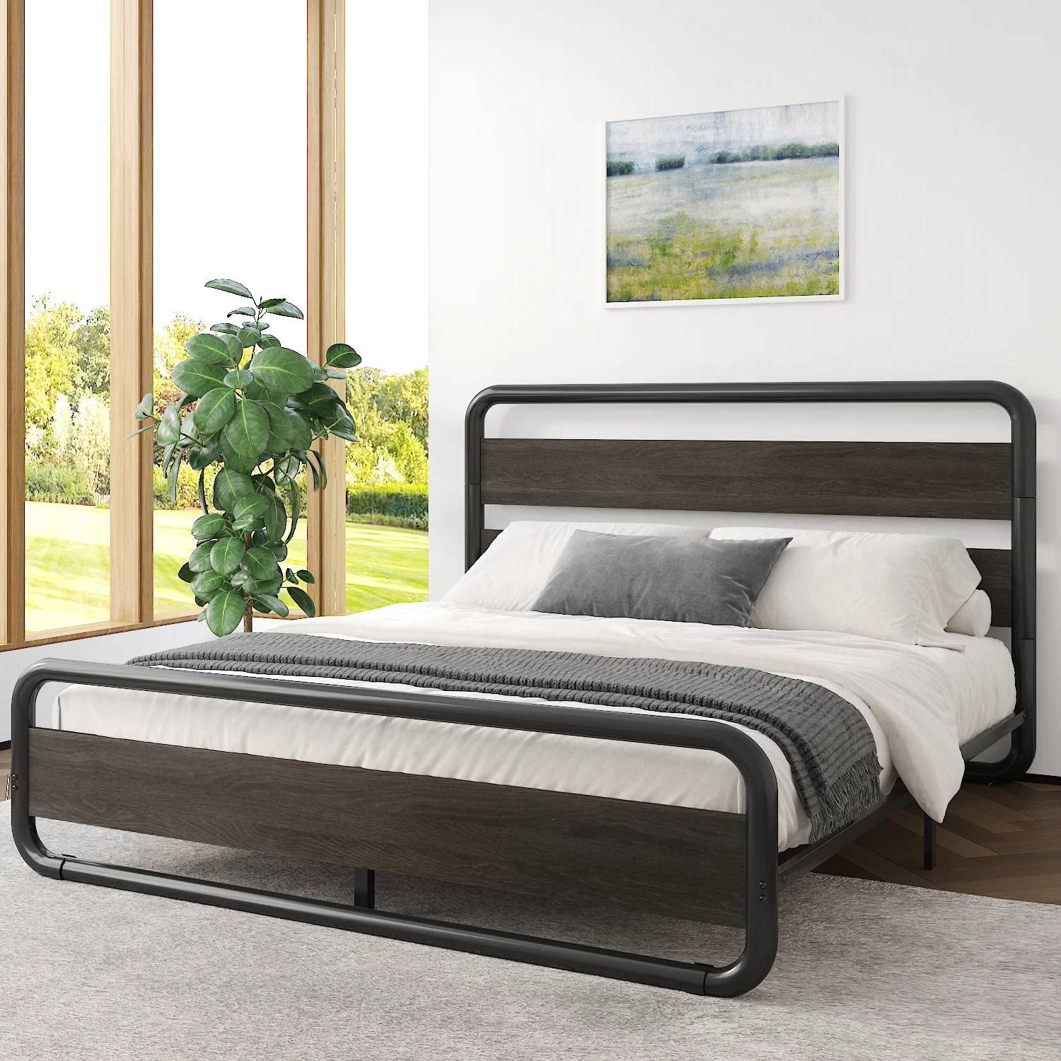 A bed featuring a sturdy metal frame complemented by a wooden headboard.