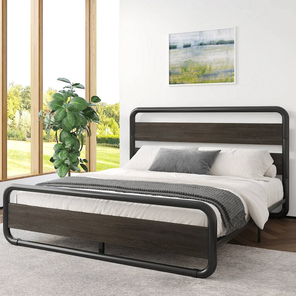 A stylish modern bed with a metal frame complemented by a warm wooden headboard.