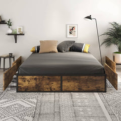 A wooden bed with built-in storage drawers underneath, ideal for maximizing space and keeping items organized.