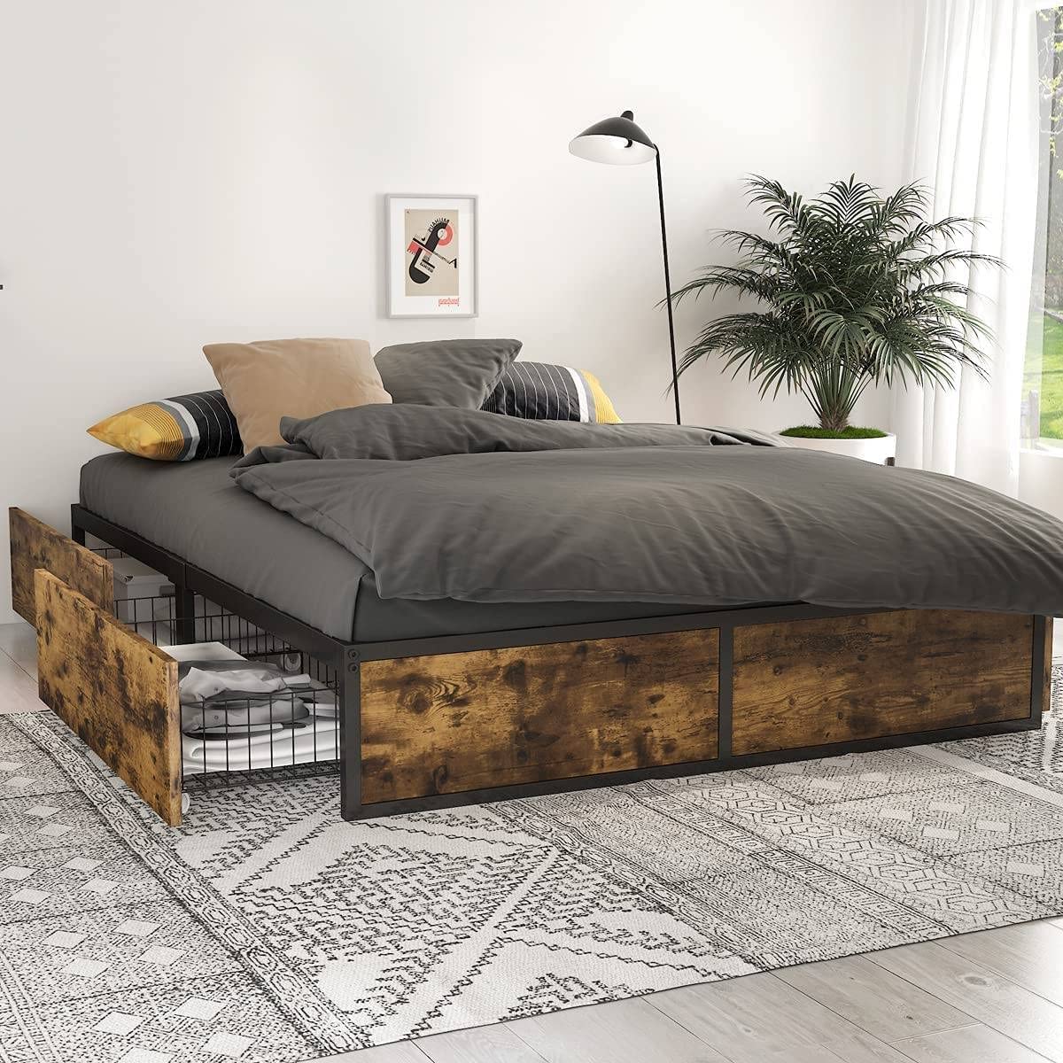 Full Metal Wood Platform Bed w/ 4 Drawers 600 lbs Cap
