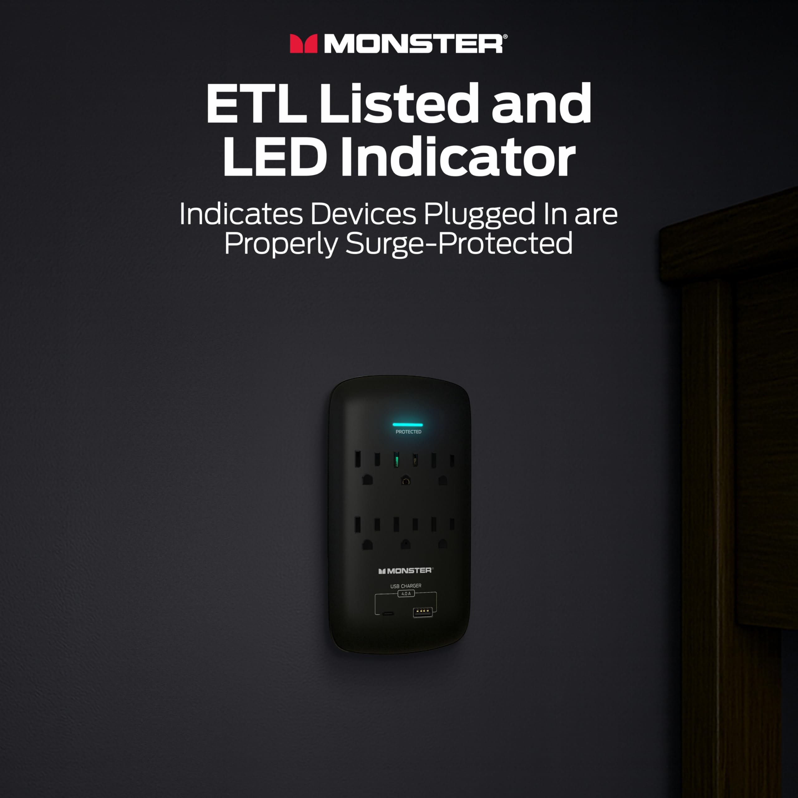 Monster 6-Outlet Surge Protector w/ USB-A & USB-C, 1200J, Black