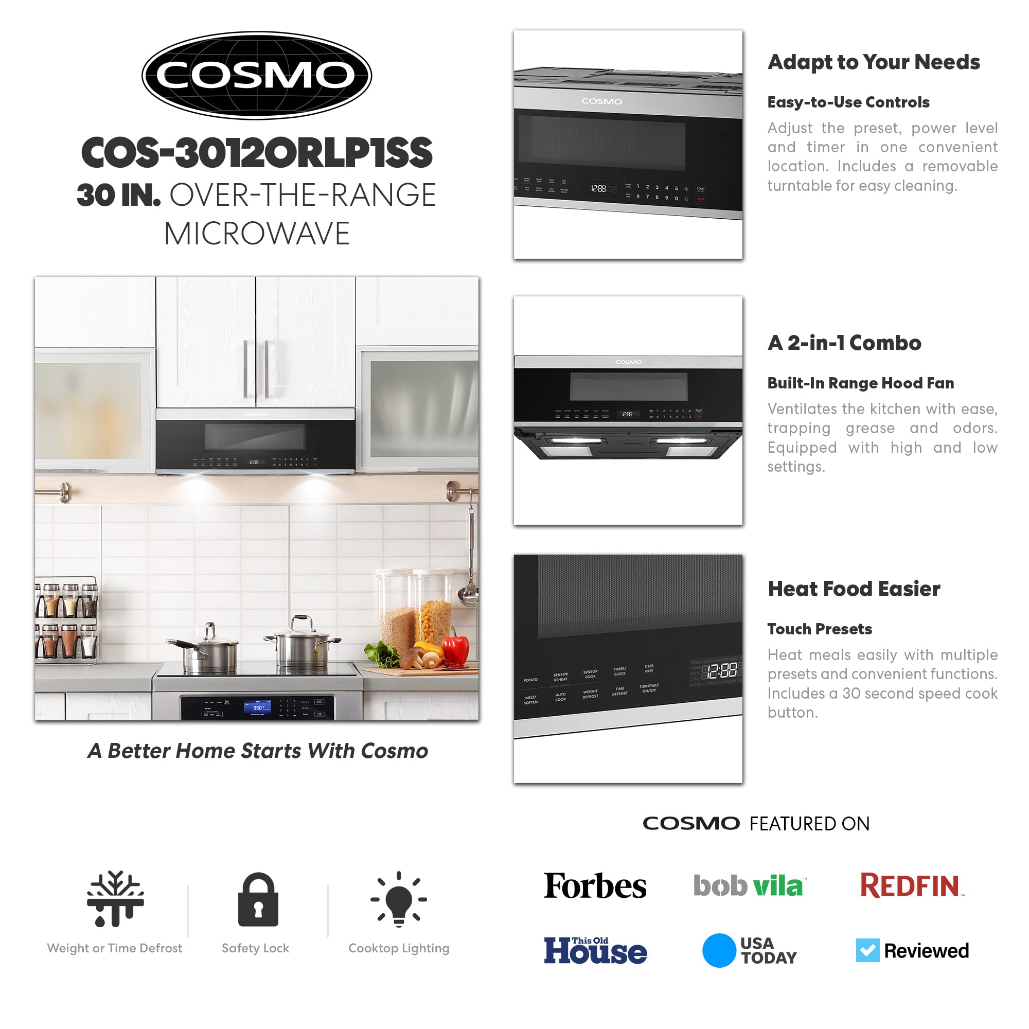 COS-3012ORLP1SS 30 in. Slim Over the Range Microwave with Automatic Presets, Soft Touch Controls and 1.2 cu. ft. Capacity