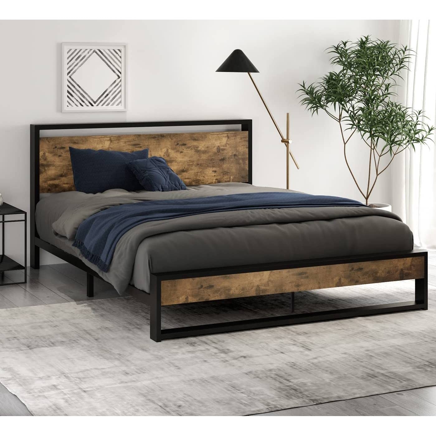 Full Metal Wood Platform Bed w/ Industrial Headboard