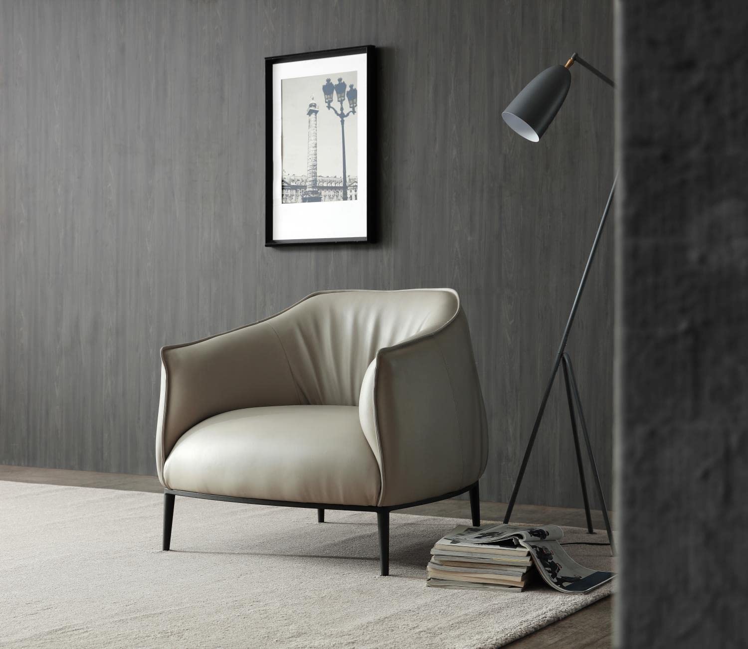 Light Grey Benbow Leisure Chair in Dark Faux Leather with Sanded Black Coated Steel Legs