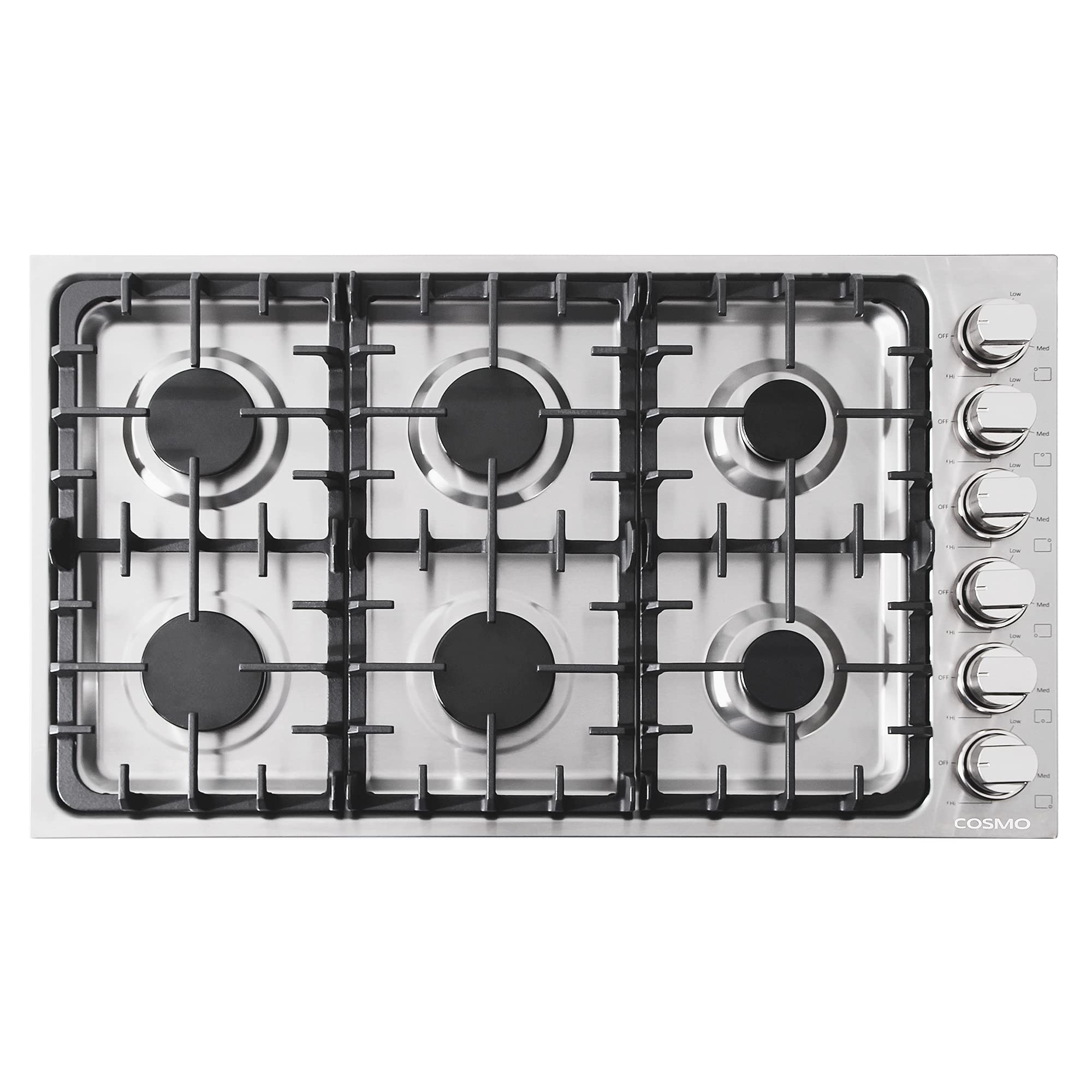 COS-DIC366 Drop-In Gas Cooktop with 6 Italian Made Sealed Burners, Cast Iron Grates, Metal Knobs, Liquid Propane Convertible, 36 inch, Stainless Steel