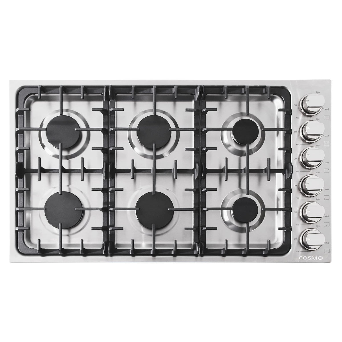 COS-DIC366 Drop-In Gas Cooktop with 6 Italian Made Sealed Burners, Cast Iron Grates, Metal Knobs, Liquid Propane Convertible, 36 inch, Stainless Steel