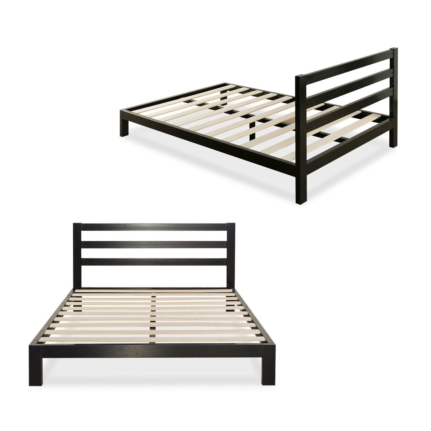 A sleek black metal bed frame with sturdy slats, designed for durability and contemporary style.
