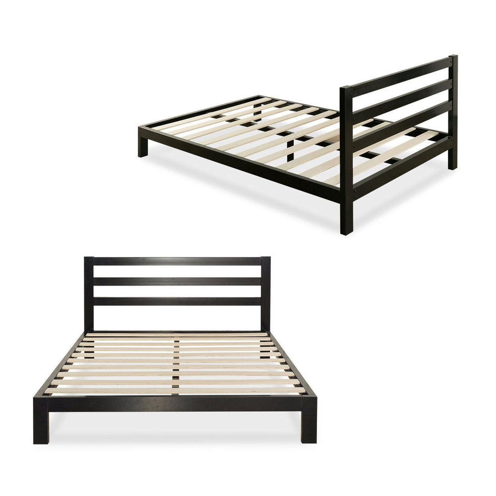 A sleek black metal bed frame with sturdy slats, designed for durability and contemporary style.