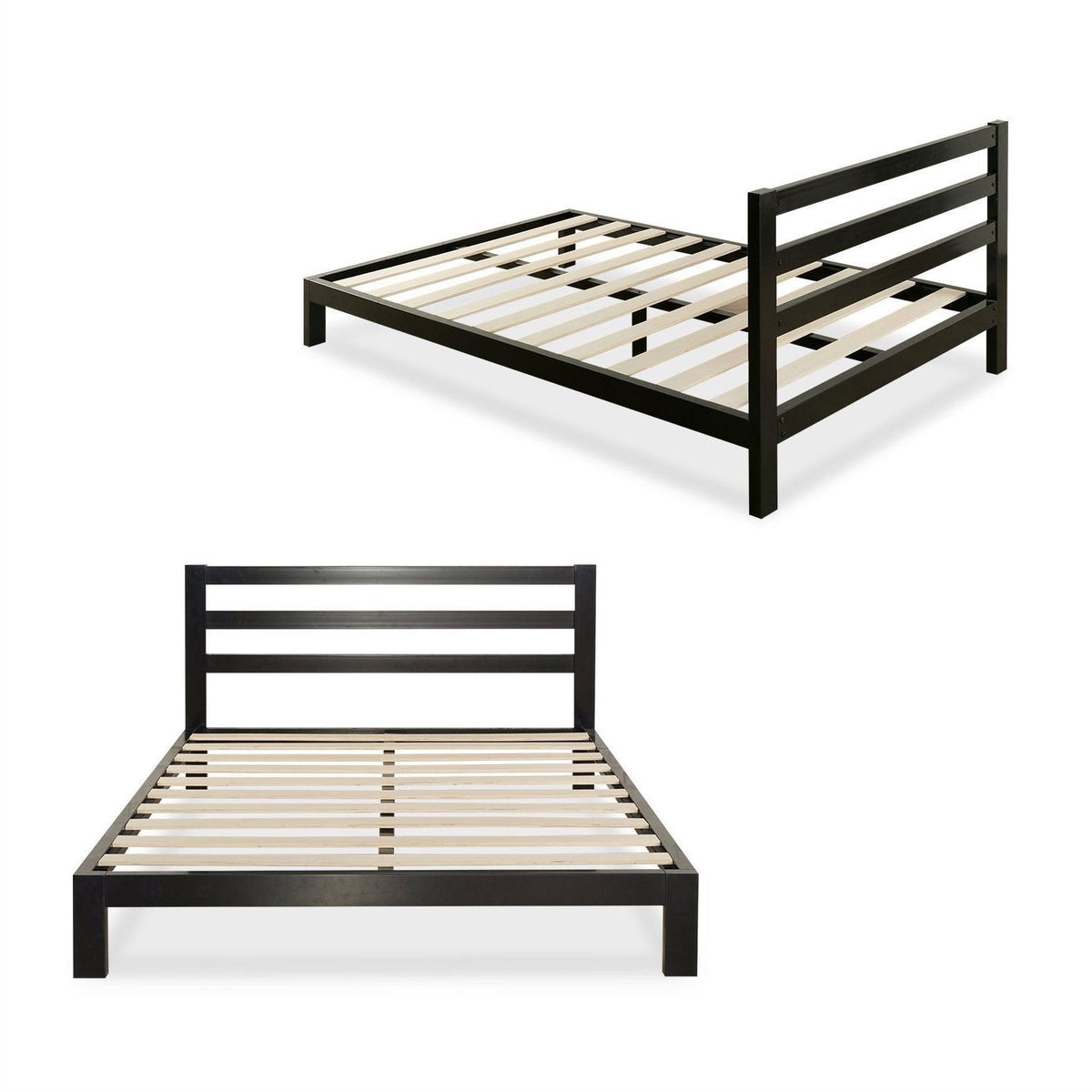 A sleek black metal bed frame with sturdy slats, designed for durability and contemporary style.