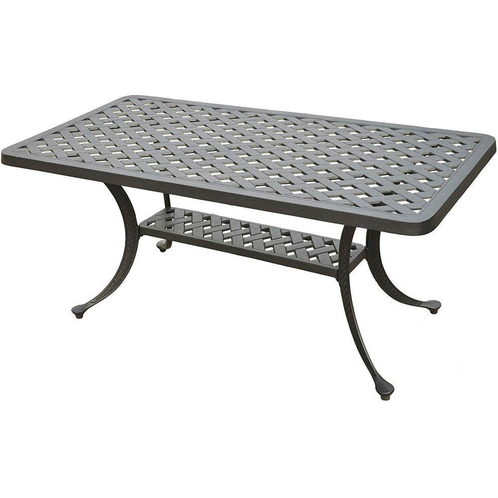 A black wrought patio table with a decorative lattice pattern on its surface.