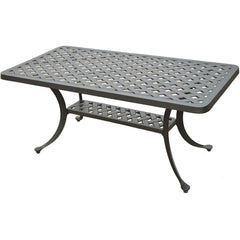 A black wrought patio table with a decorative lattice pattern on its surface.