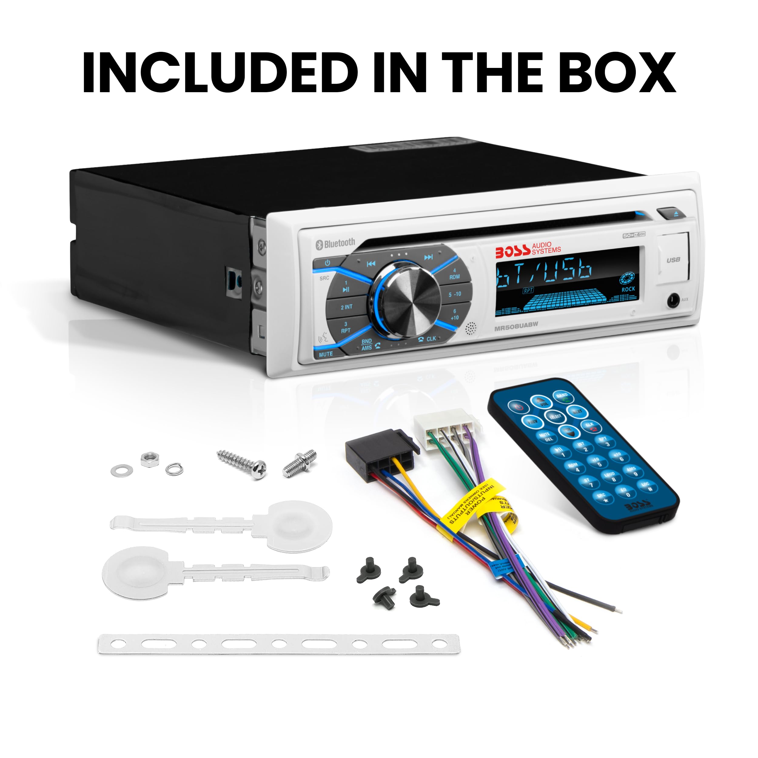 s MR508UABW Marine Boat Stereo - Single Din, Bluetooth Audio and Calling Head Unit, AM/FM Radio Receiver, CD Player, Weatherproof, USB