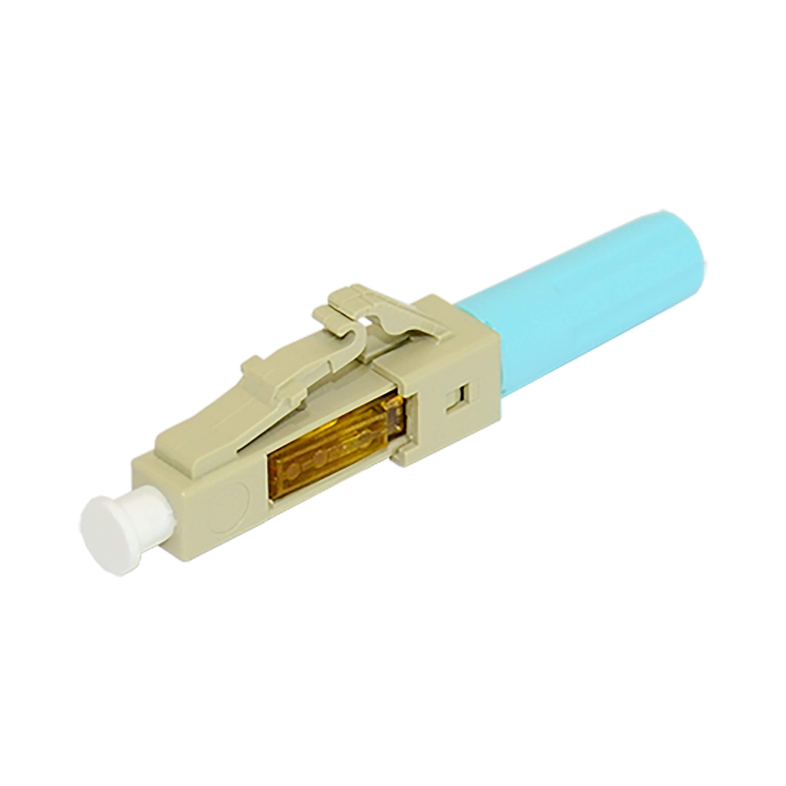 A small connector featuring white and blue colors, utilized for fiber optic connections in data communication systems.