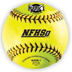 Image of a mark softball, emphasizing the leather exterior and intricate stitching design on the ball surface.