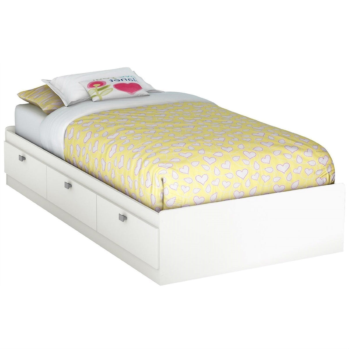 A white bed adorned with cheerful yellow and white bedding, creating a bright and inviting atmosphere.