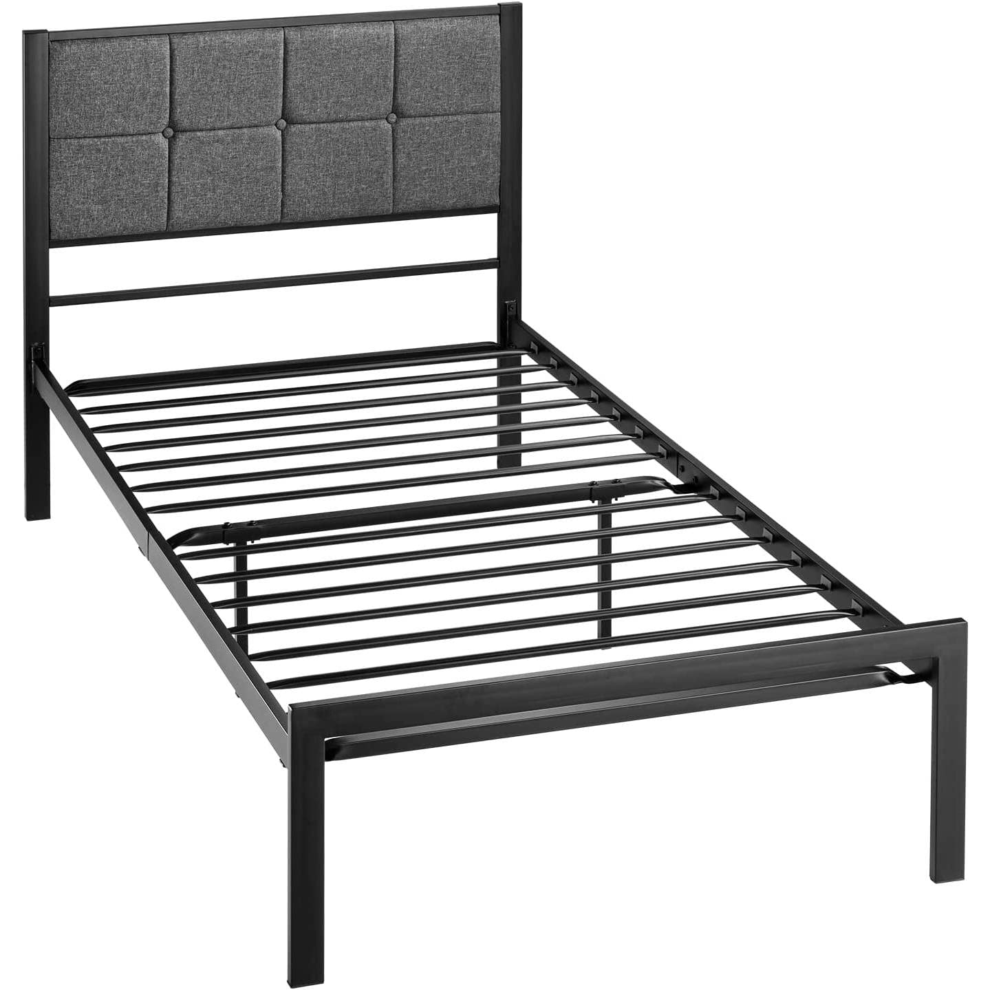 Twin Metal Bed Frame w/ Gray Upholstered Headboard