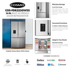 COS-FDR223GWSS 36 in. 3 French Door Refrigerator with Water Dispenser and Automatic Ice Maker in Stainless Steel, Counter Depth