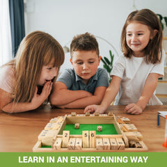 Wooden Shut The Box Game (2-4 Players) - Large 4 Sided Board, 8 Dice, Rules - Amusing Addition Game for Kids & Adults, 12 Inch