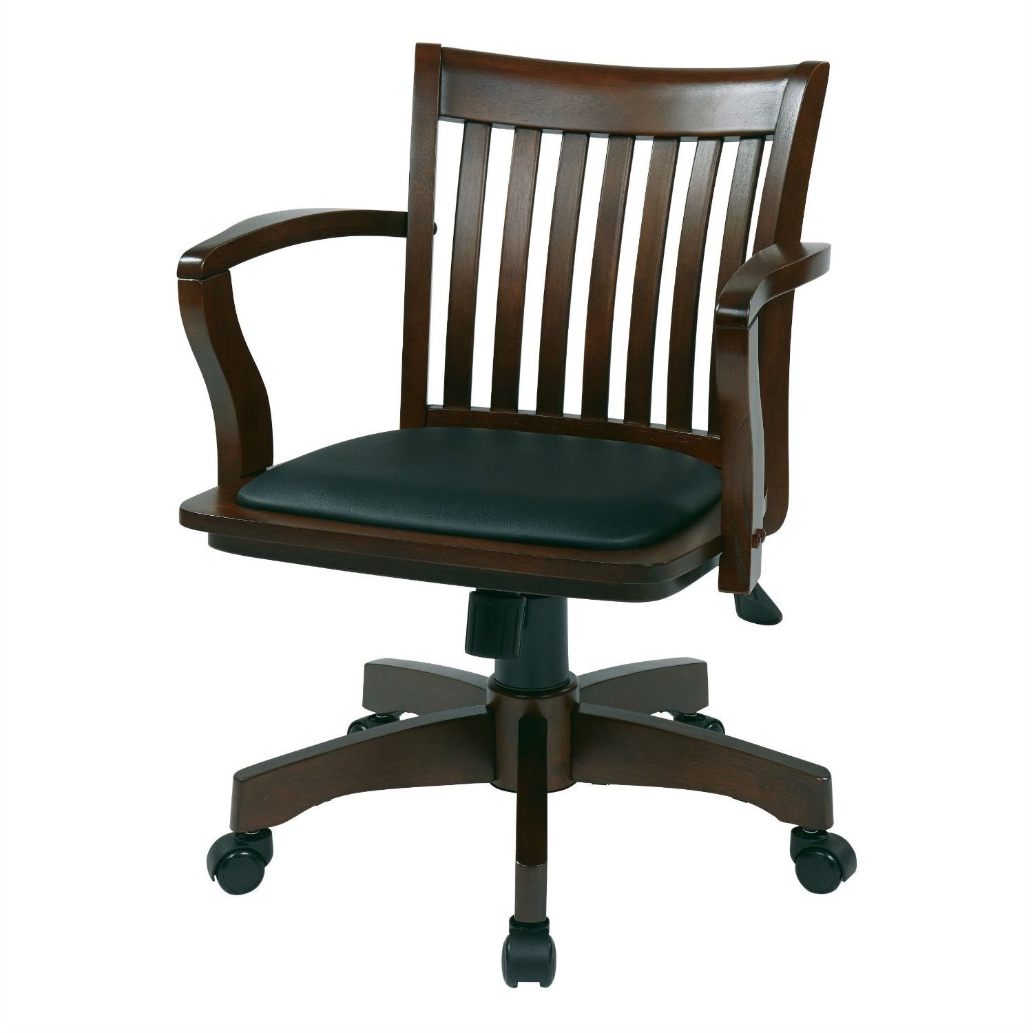 A stylish wooden office chair with a sleek black leather seat, suitable for enhancing any workspace.