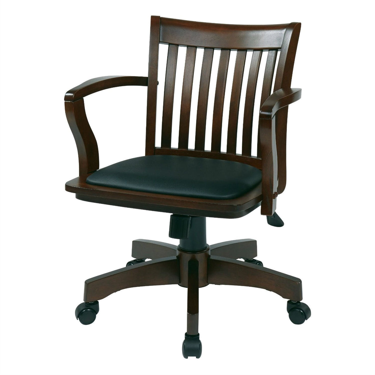 A stylish wooden office chair with a sleek black leather seat, suitable for enhancing any workspace.