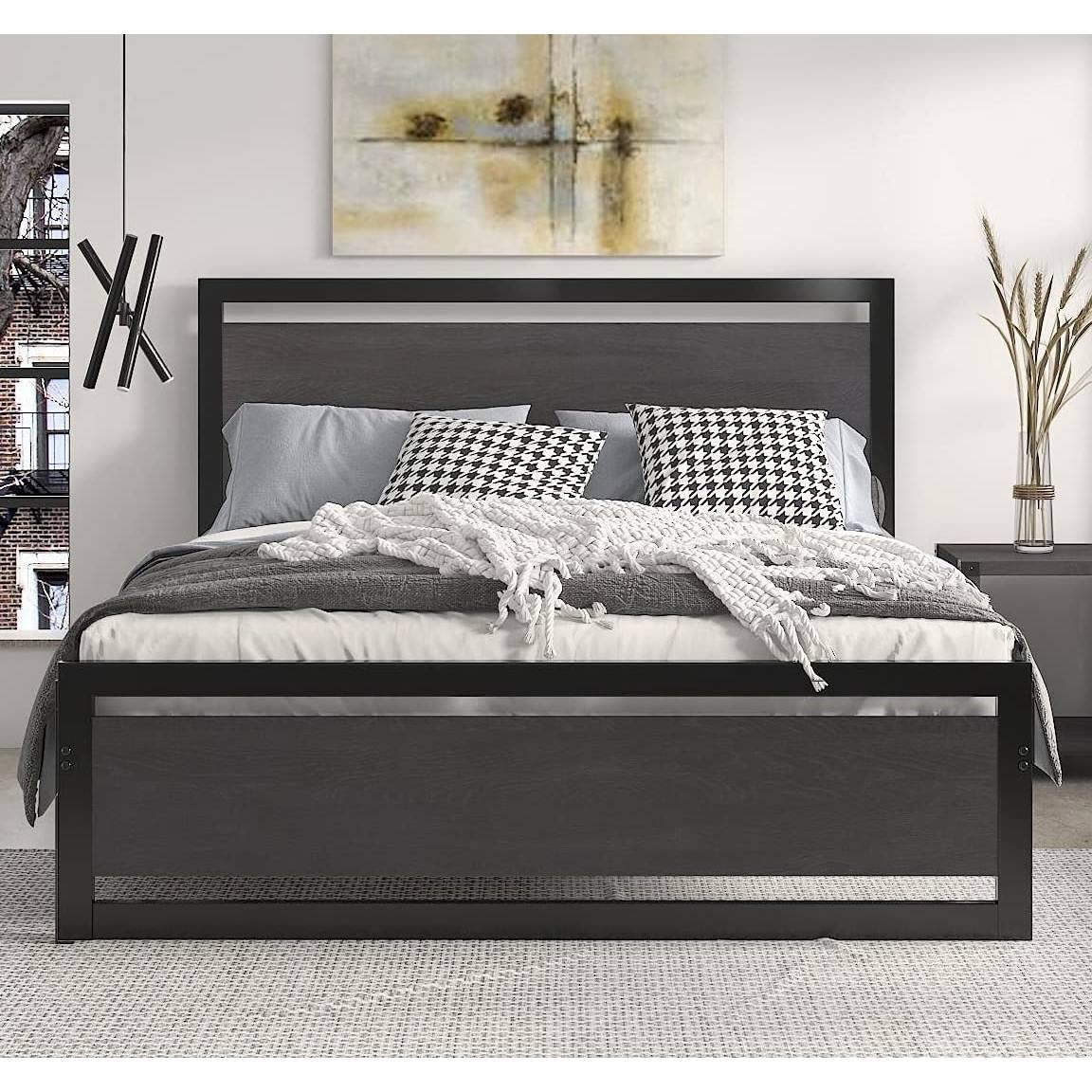 Full Black Metal Bed w/ Wood Headboard & Footboard