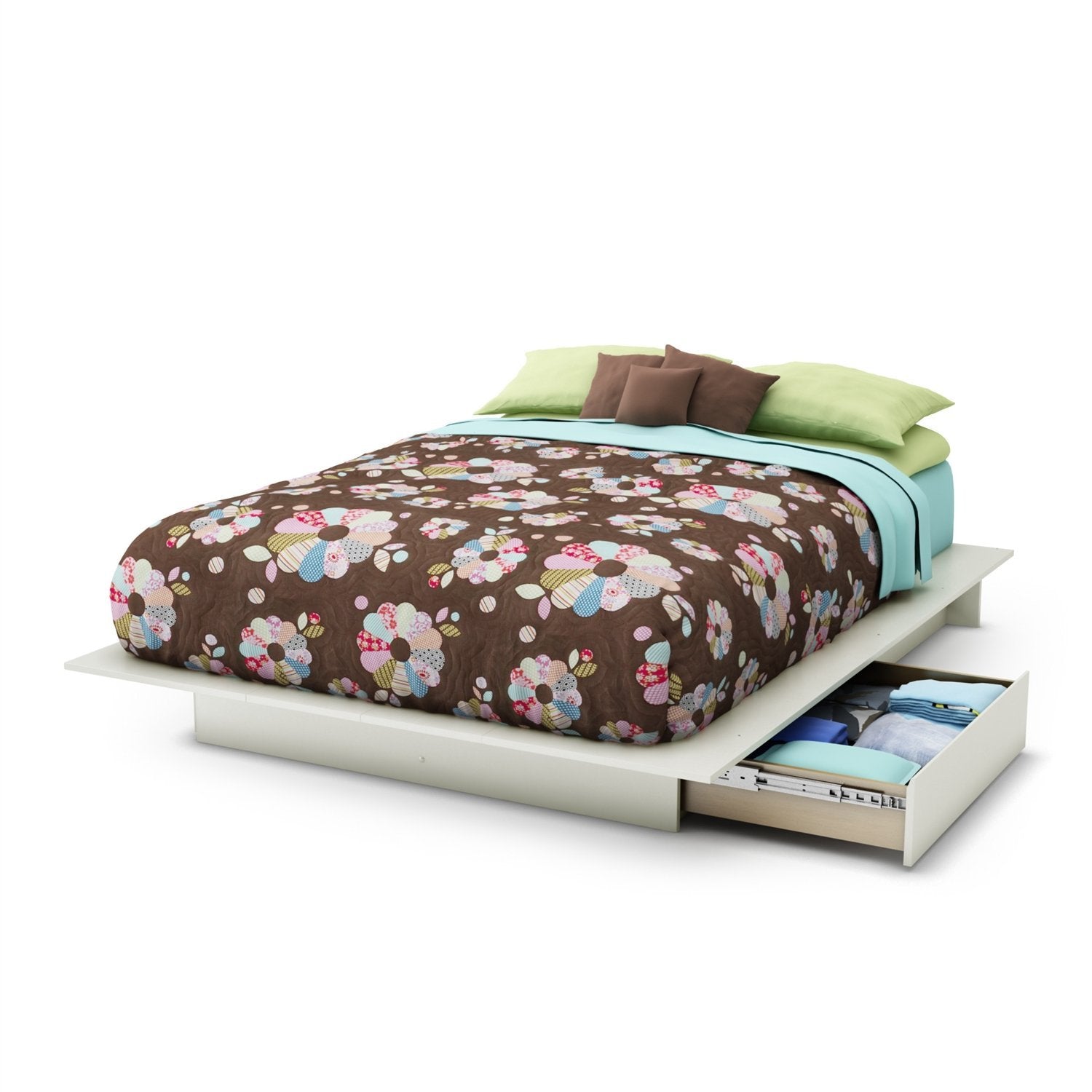 A bed with a floral bedspread and a storage drawer underneath, showcasing a cozy and organized bedroom setting.
