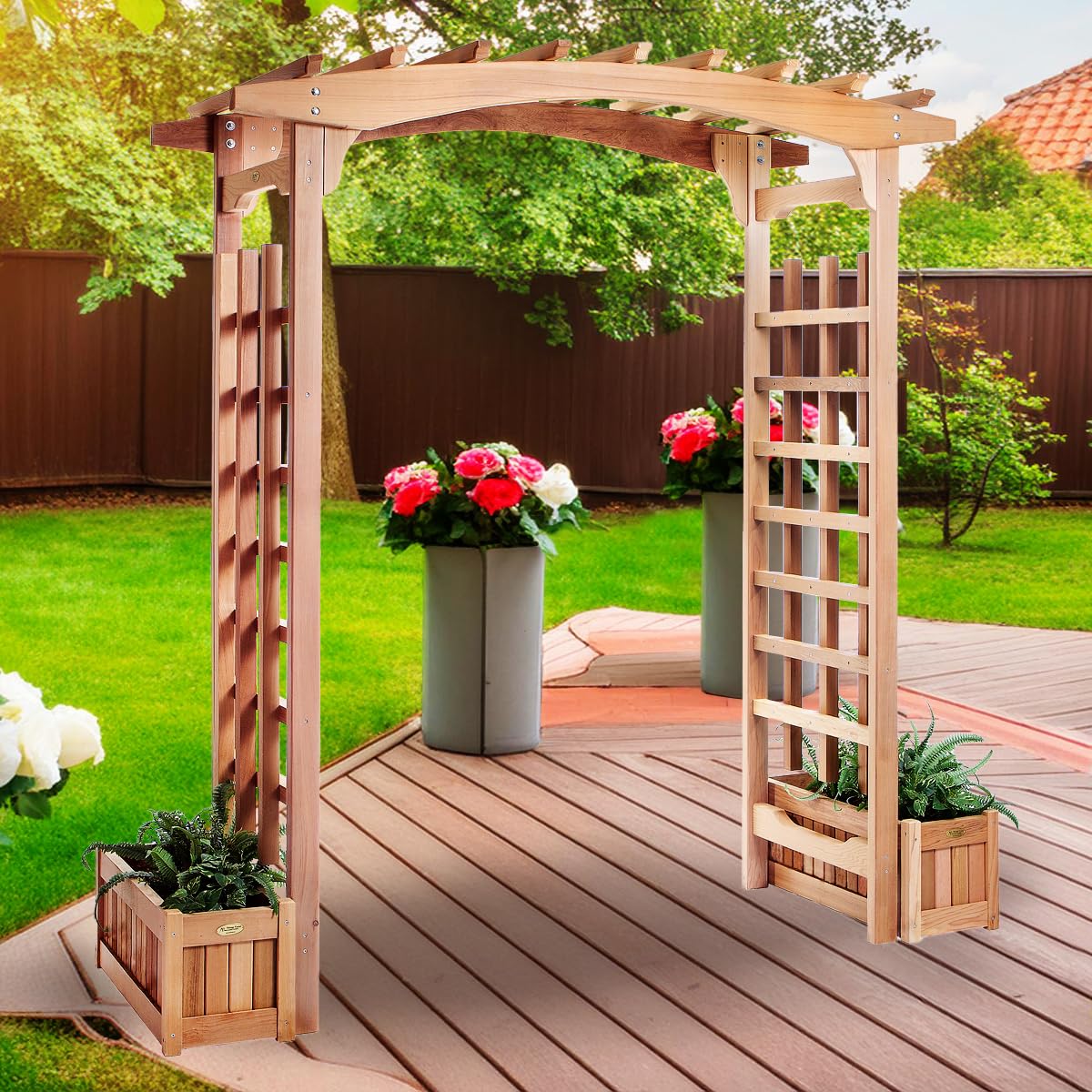 PA96-Set 6-ft Cedar Garden Pagoda Arbor with Side Planters | Wedding Arch for Ceremony | Wood Trellis for Outdoor & Plant Climbing | Handcrafted (Western Red Cedar)