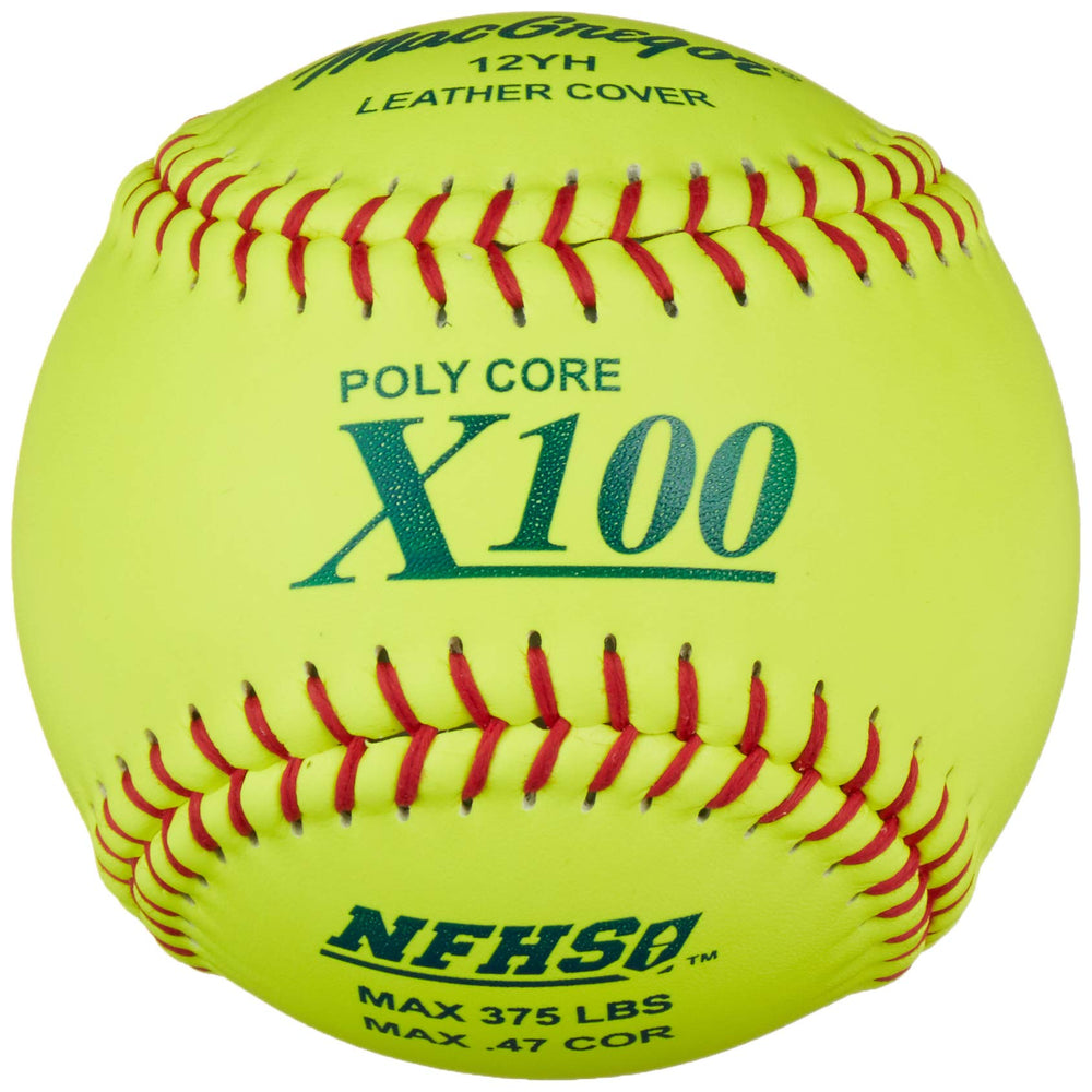 Close-up of Nehssport X100 softball, highlighting its surface texture and logo against a plain backdrop.